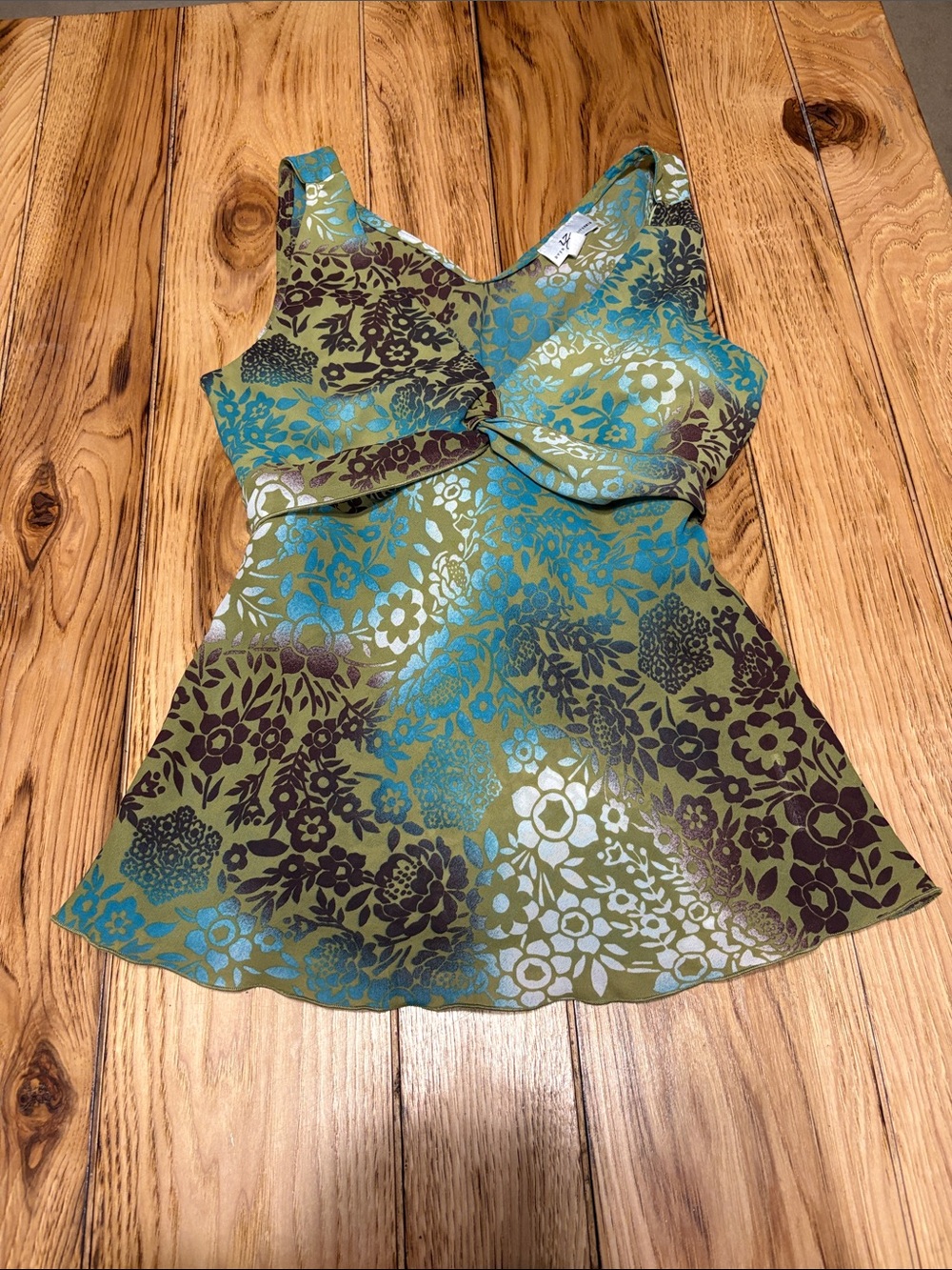 Iz Byer Green Floral Satin Tank Top with Teal and Brown Accents